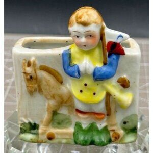 Vintage Vesta Match Safe Miniature Planter Boy w/ Horse Occupied Japan